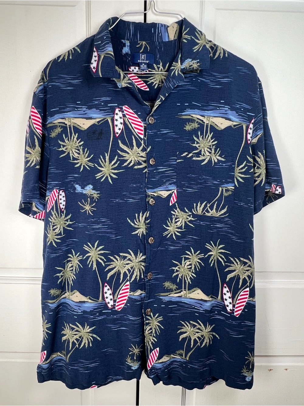 George Navy Palm & Surfboard Print Short-Sleeve Button Shirt Sz Medium
